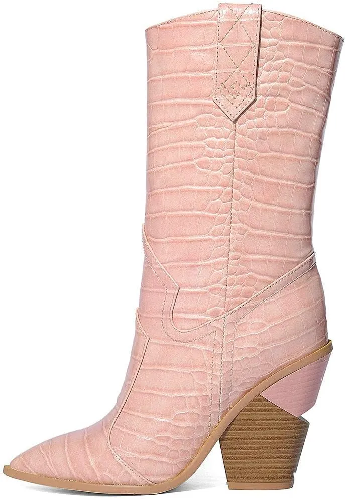 Parisuit Womens Chunky Stacked High Heel Cowgirl Mid Calf Boots Pointed Toe Western Boots Slip On Crocodile Shoes