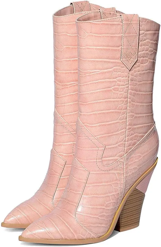 Parisuit Womens Chunky Stacked High Heel Cowgirl Mid Calf Boots Pointed Toe Western Boots Slip On Crocodile Shoes