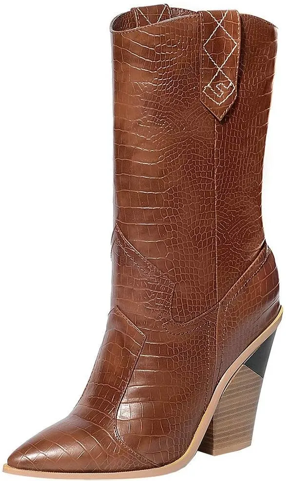 Parisuit Womens Chunky Stacked High Heel Cowgirl Mid Calf Boots Pointed Toe Western Boots Slip On Crocodile Shoes