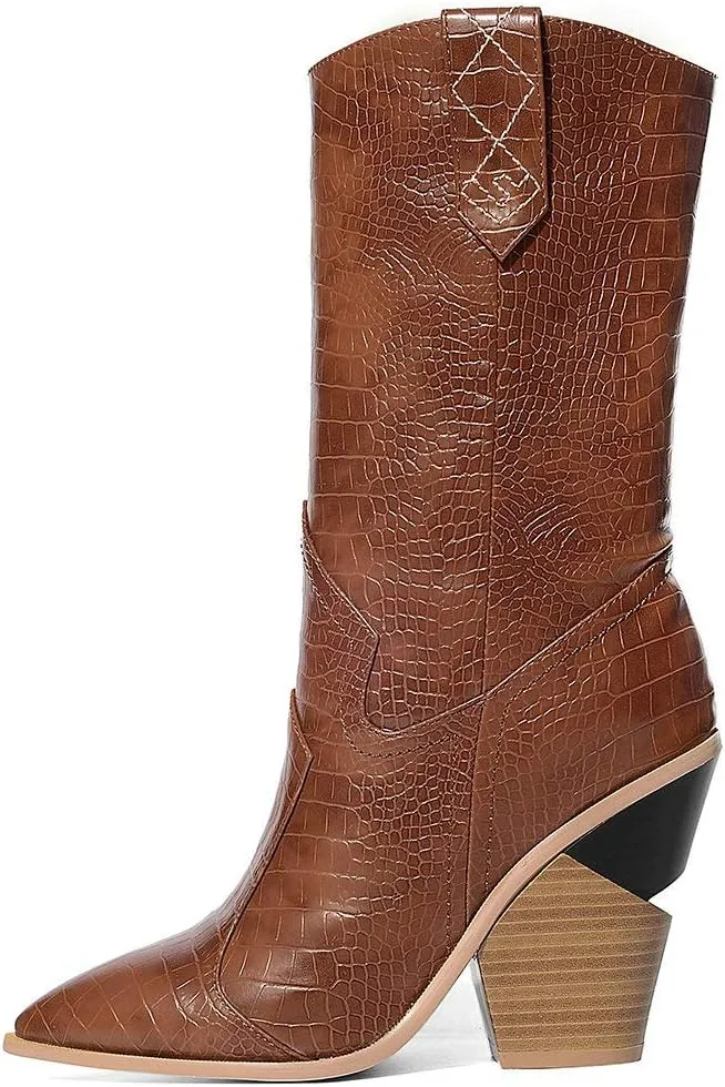 Parisuit Womens Chunky Stacked High Heel Cowgirl Mid Calf Boots Pointed Toe Western Boots Slip On Crocodile Shoes