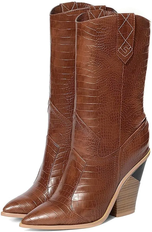 Parisuit Womens Chunky Stacked High Heel Cowgirl Mid Calf Boots Pointed Toe Western Boots Slip On Crocodile Shoes