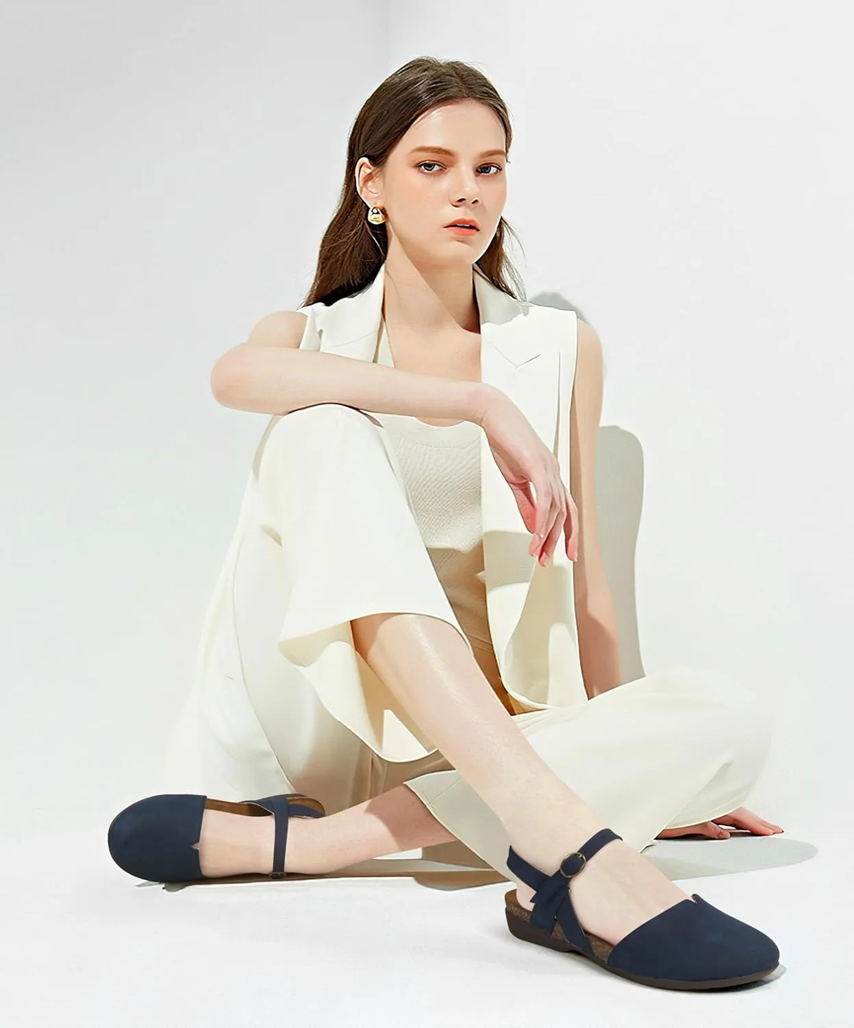 PARTY Closed Toe Sandals Women, Barefoot Arch Support Flat Sandals for Office Work and Travel with Comfortable Cork Footbed