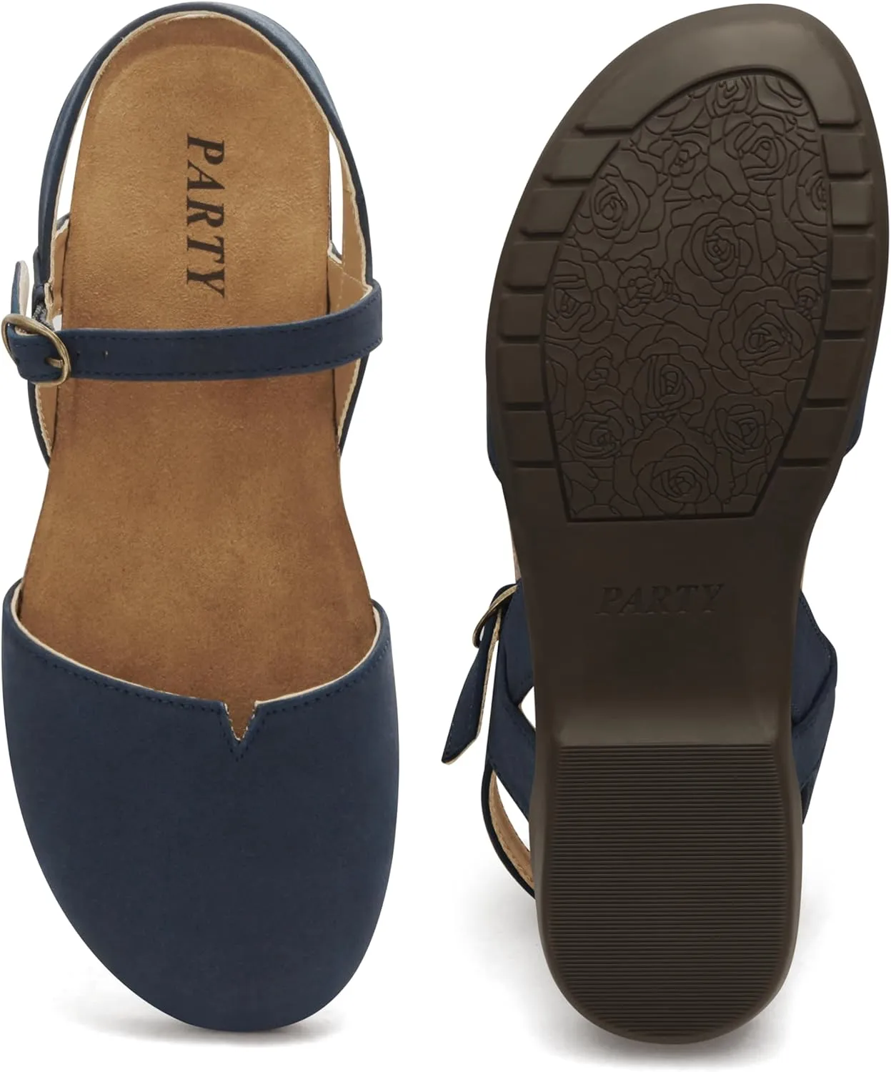 PARTY Closed Toe Sandals Women, Barefoot Arch Support Flat Sandals for Office Work and Travel with Comfortable Cork Footbed