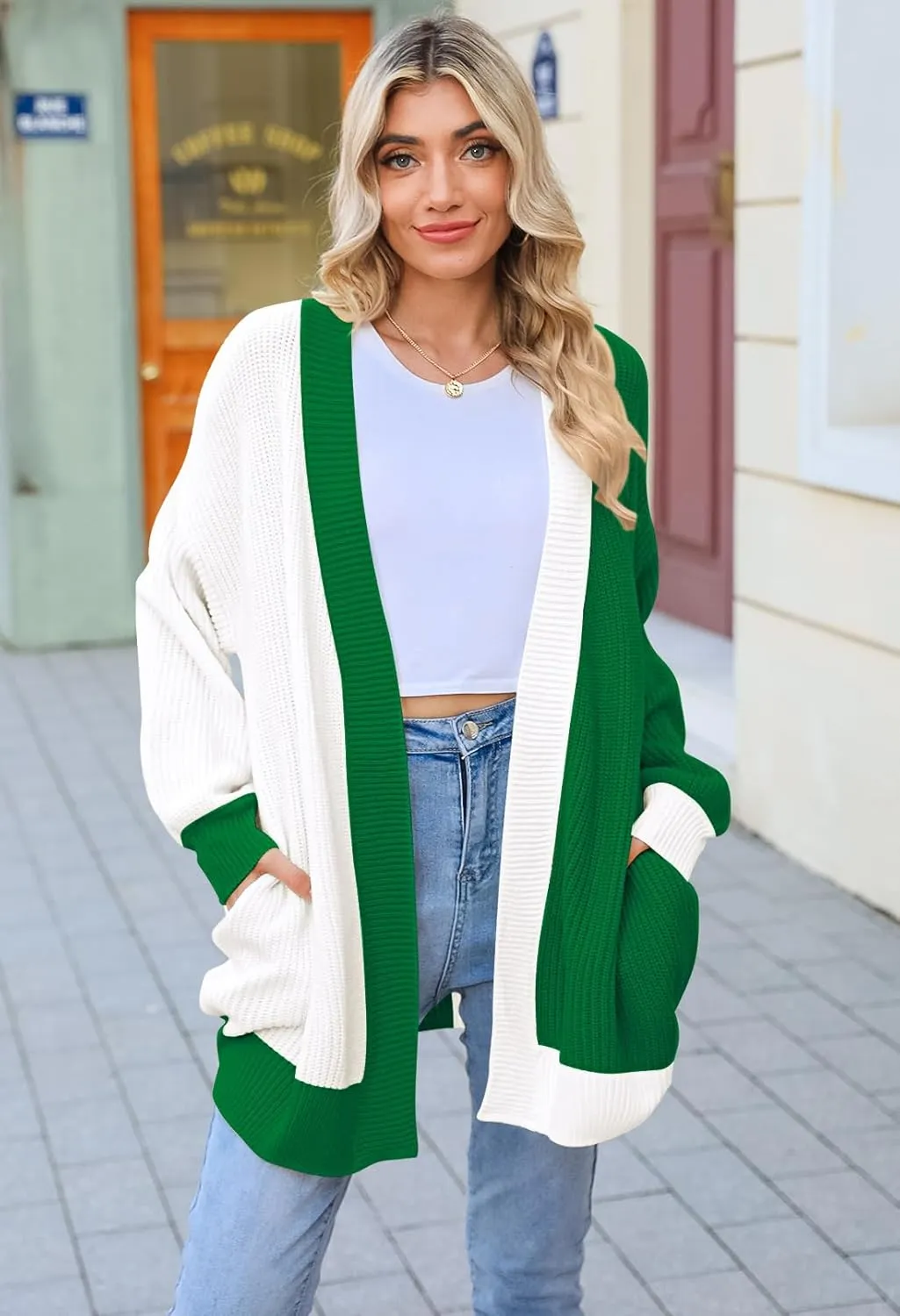 Pink Queen 2024 Fall Long Cardigans for Women Batwing Sleeve Open Front Ribbed Knit Oversized Cardigan Sweaters with Pockets