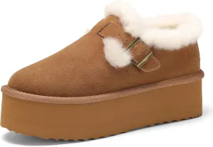 Platform Snow Boots for Women Genuine Suede Water Resistant Winter Warm Cozy Fur Fleece Lined with Adjustable Buckle Short Ankle Fuzzy Boot