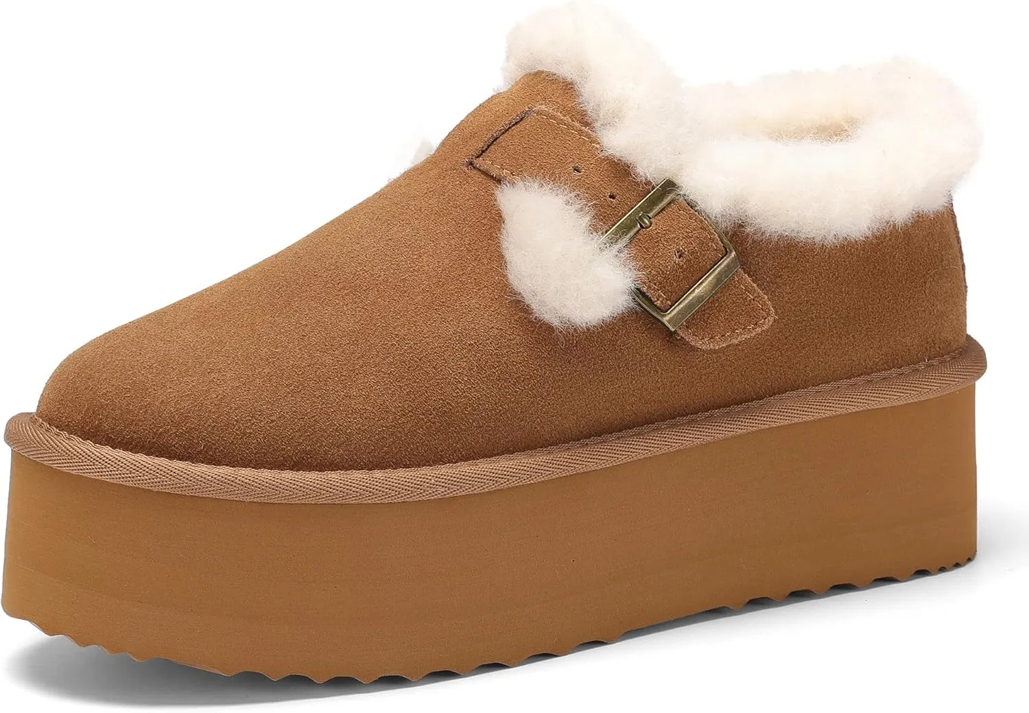 Platform Snow Boots for Women Genuine Suede Water Resistant Winter Warm Cozy Fur Fleece Lined with Adjustable Buckle Short Ankle Fuzzy Boot