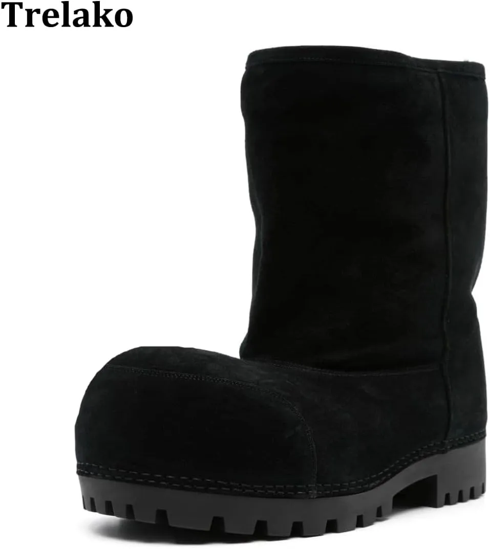 Platform Snow Boots for Women Suede Classic Fur Hippy Mid Calf Winter Boots Slip On High Boots Comfortable Chunky Trending Shoes Biege