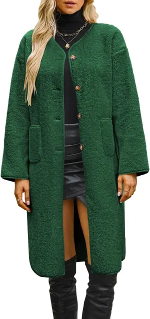 Poetsky Womens Winter Teddy Faux Fur Coats Warm Button Down Fuzzy Fleece Long Jacket Outerwear Outfits