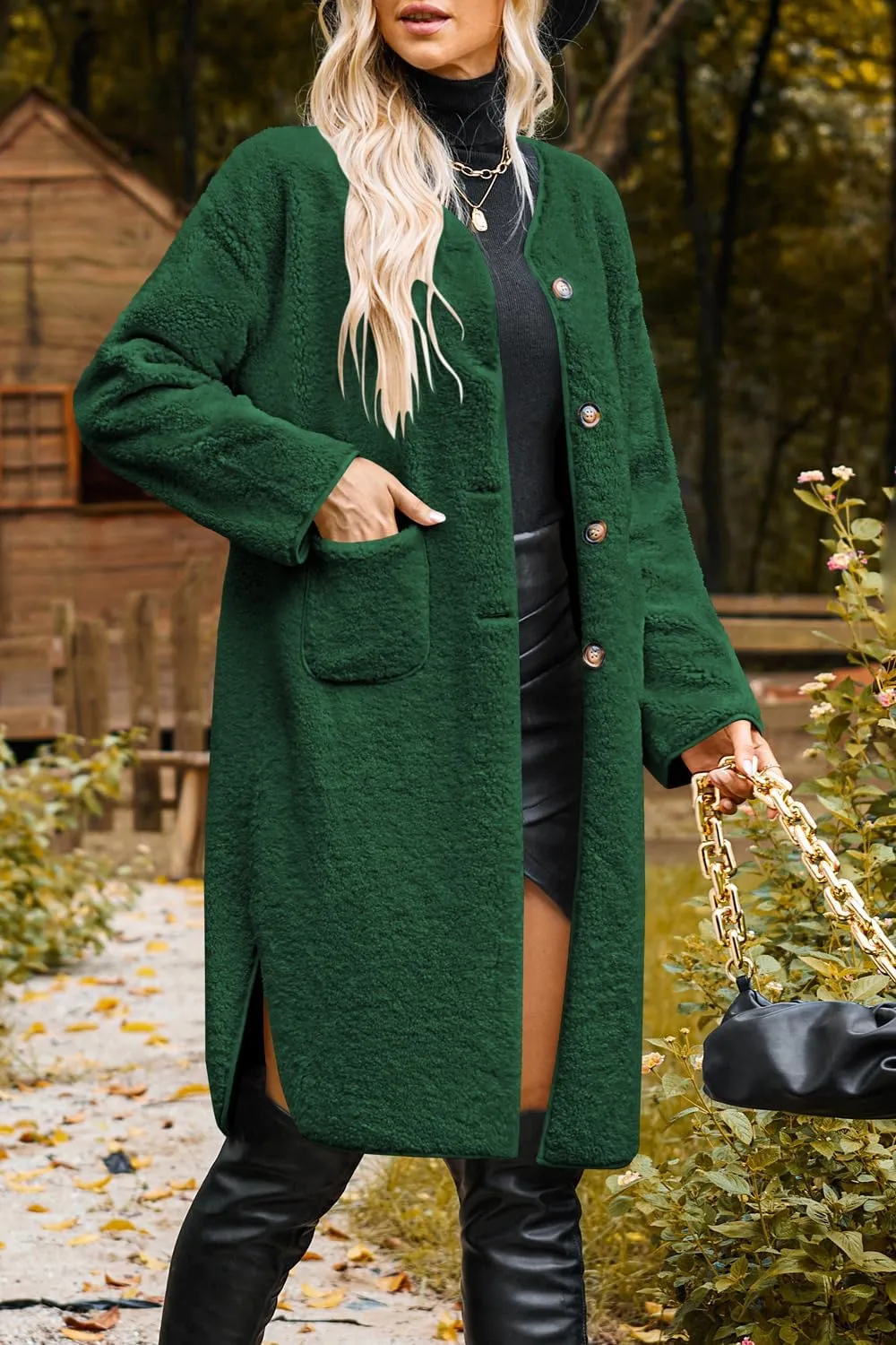 Poetsky Womens Winter Teddy Faux Fur Coats Warm Button Down Fuzzy Fleece Long Jacket Outerwear Outfits
