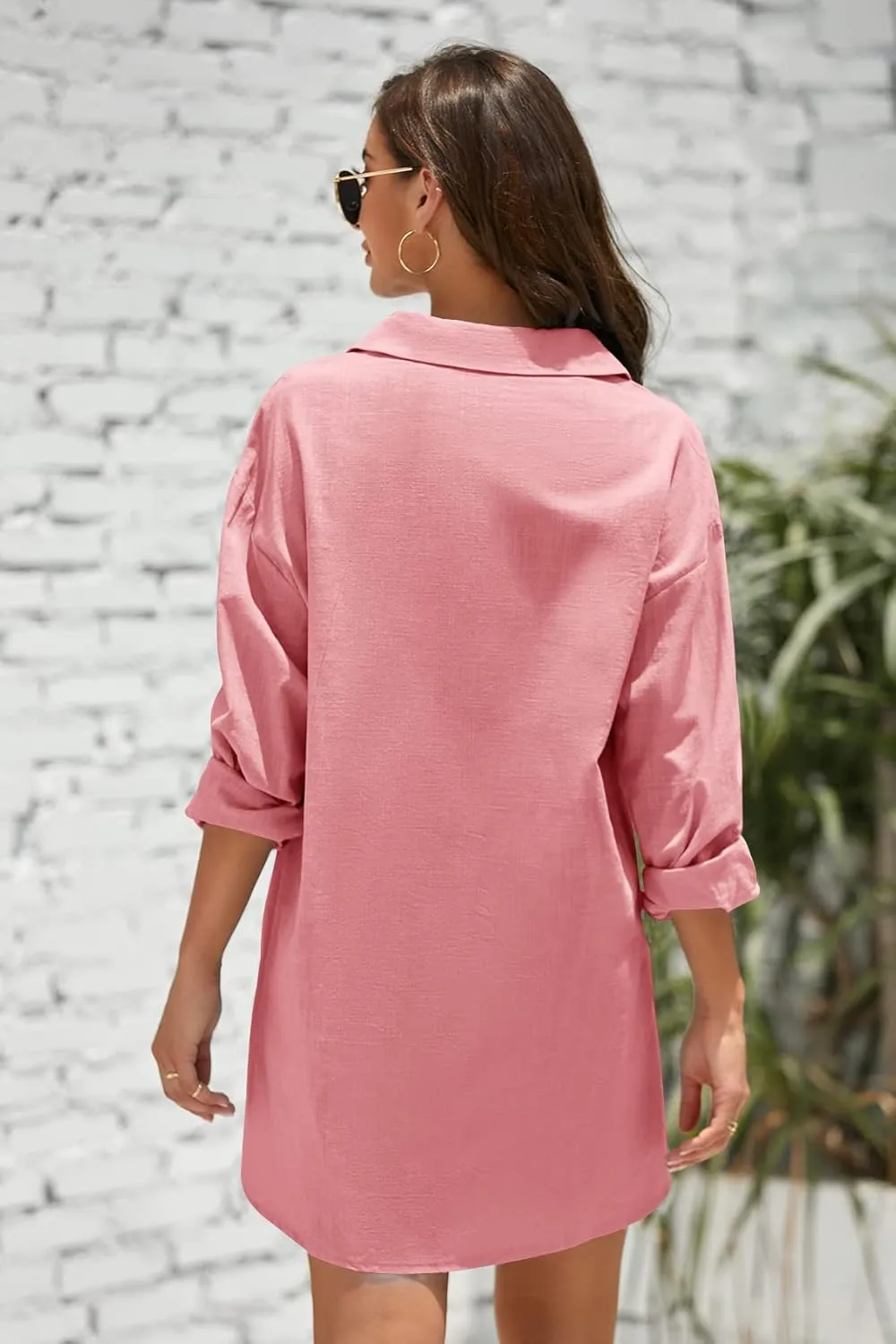 Pretifeel Womens Cotton Linen Tunic Shirts Button Down Long Sleeve Blouse Tops Beach Cover Up