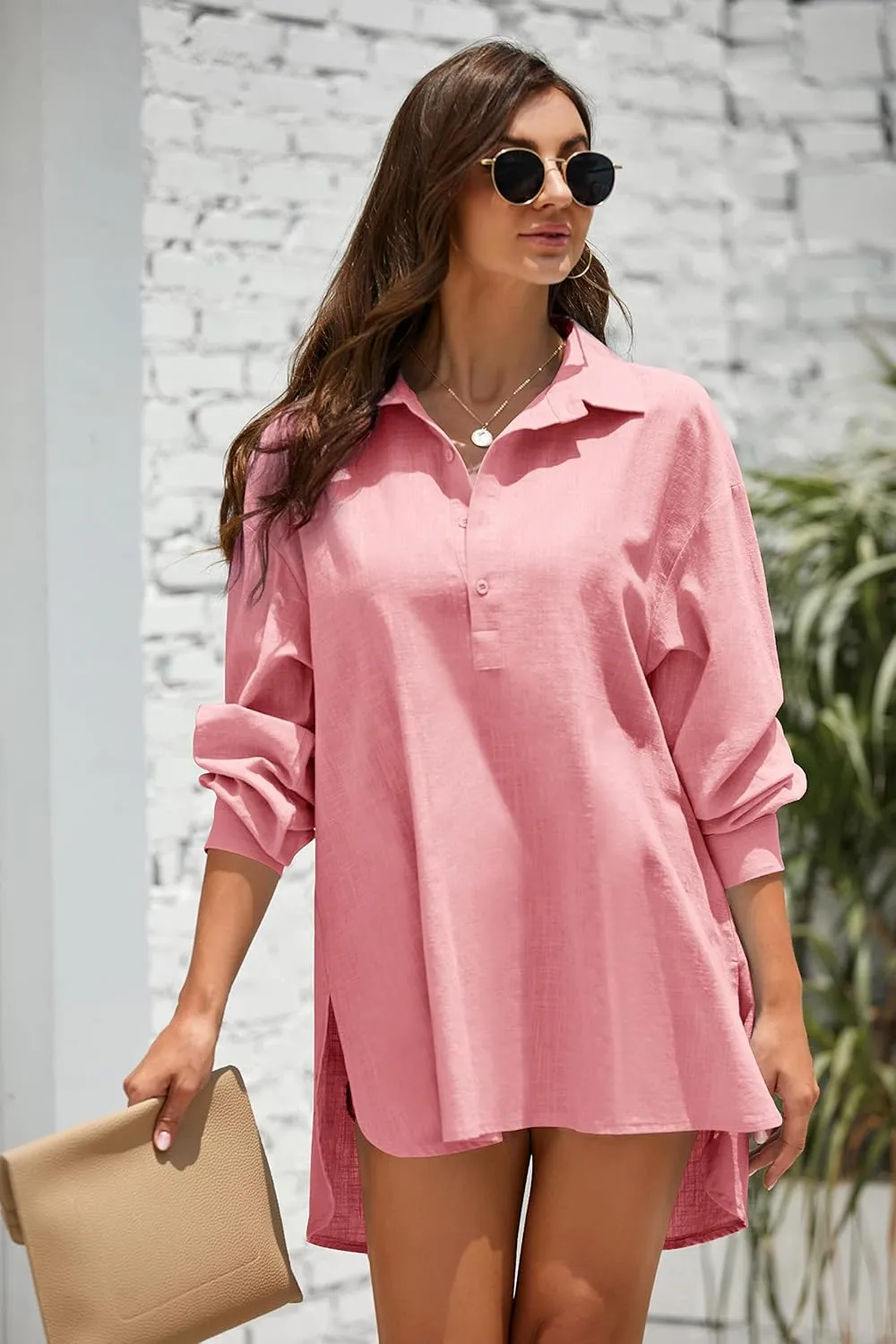 Pretifeel Womens Cotton Linen Tunic Shirts Button Down Long Sleeve Blouse Tops Beach Cover Up
