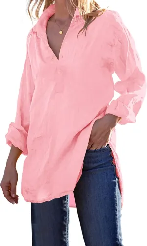 Pretifeel Womens Cotton Linen Tunic Shirts Button Down Long Sleeve Blouse Tops Beach Cover Up