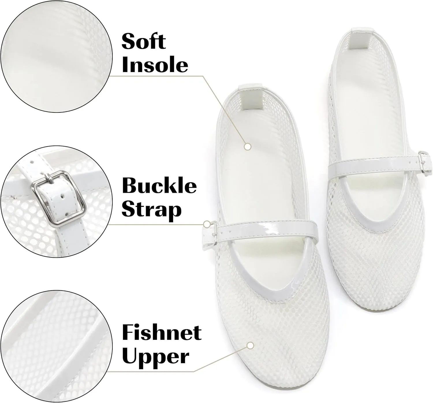 Putu Women's Mesh Ballet Flats Casual Office Flat Shoes Hollow Out Comfy Flats Ballerinas Shoes with Buckle Strap