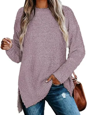 Qearal Women's Long Sleeve Fuzzy Knitted Sweater Popcorn Side Split Loose Pullover Tops