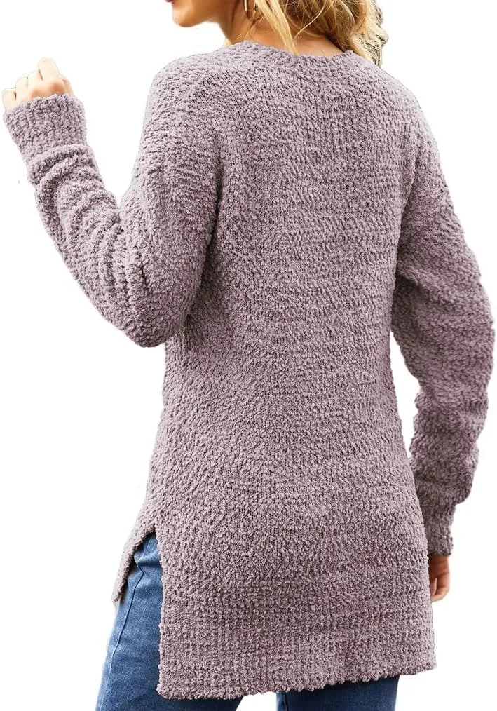 Qearal Women's Long Sleeve Fuzzy Knitted Sweater Popcorn Side Split Loose Pullover Tops