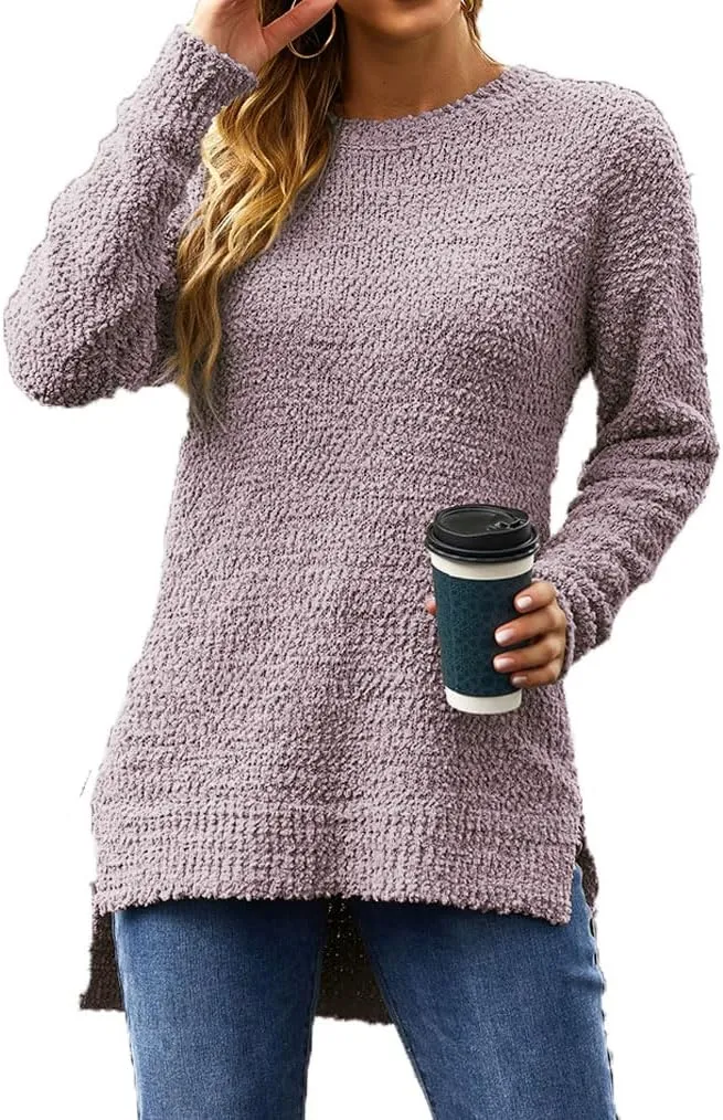 Qearal Women's Long Sleeve Fuzzy Knitted Sweater Popcorn Side Split Loose Pullover Tops