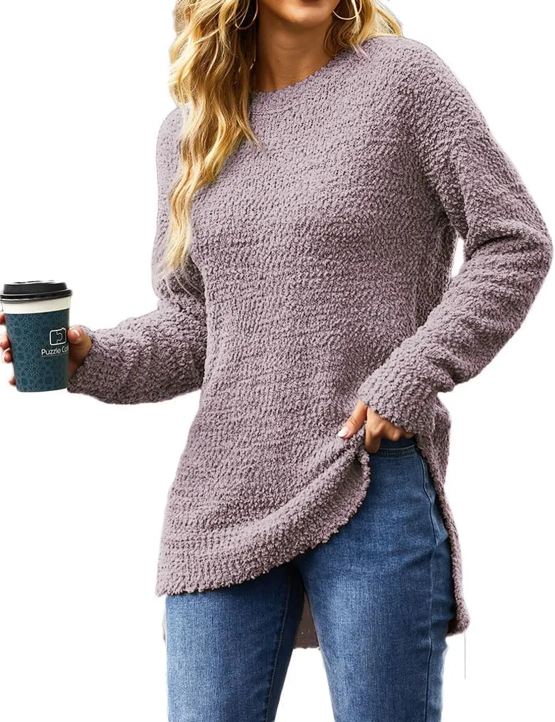 Qearal Women's Long Sleeve Fuzzy Knitted Sweater Popcorn Side Split Loose Pullover Tops