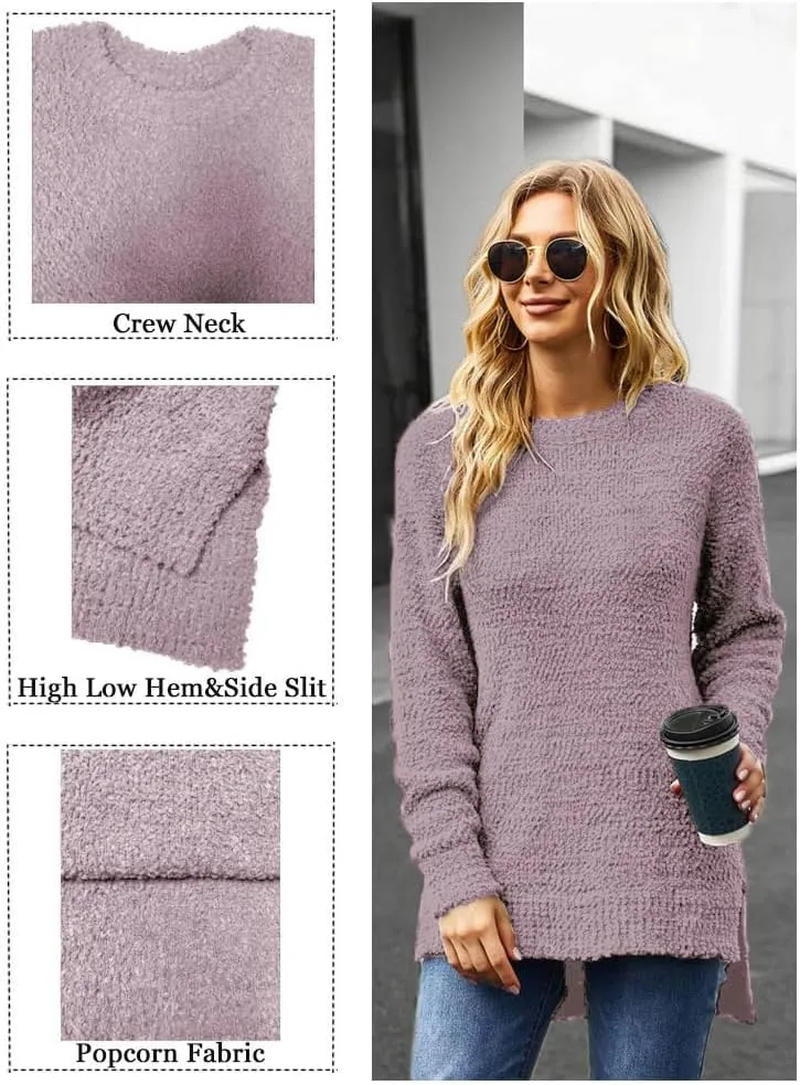 Qearal Women's Long Sleeve Fuzzy Knitted Sweater Popcorn Side Split Loose Pullover Tops