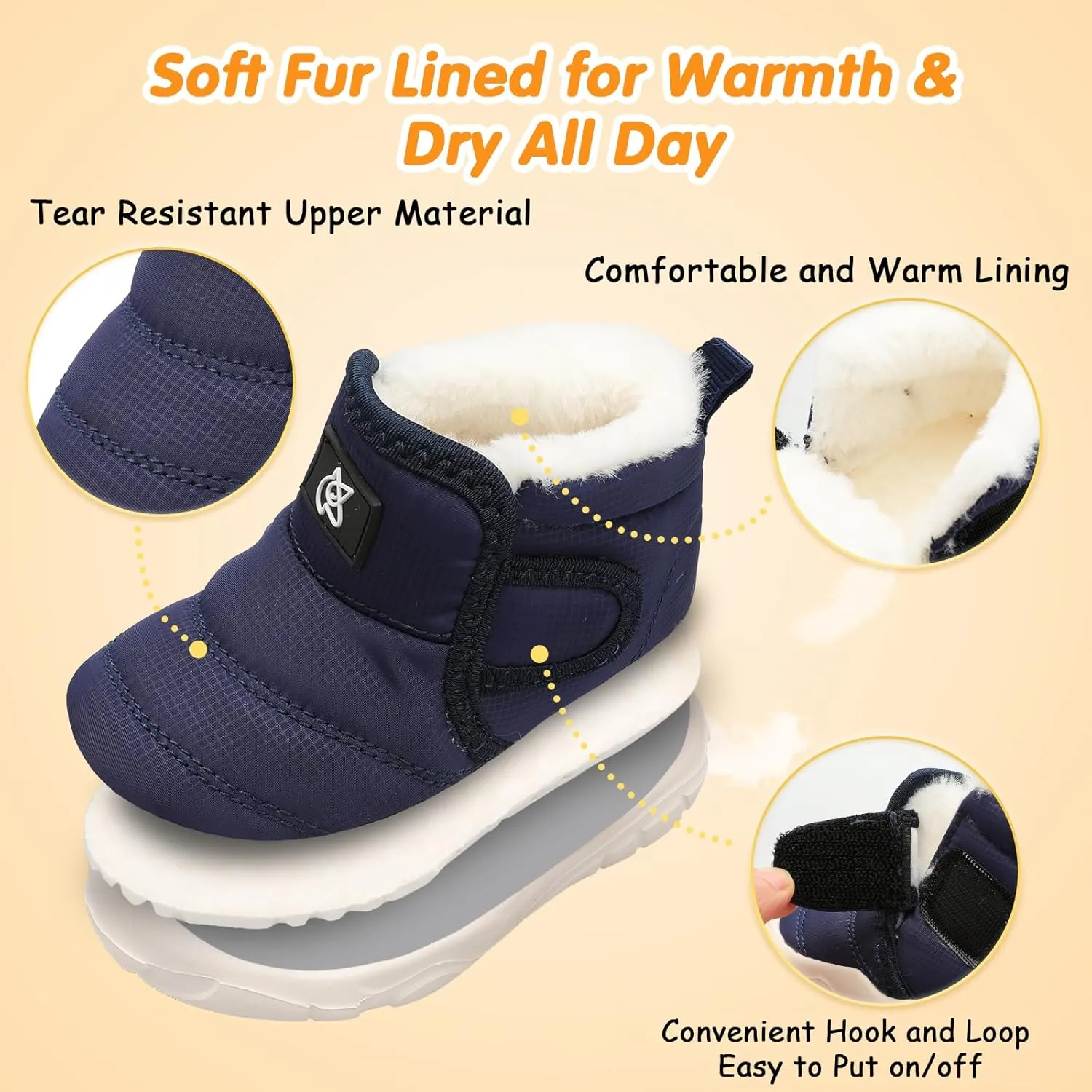 QFH Baby Boys Girls Winter Warm Shoes Cozy Fleece Snow Boots Toddler Non-Slip Walking Shoes Infant Outdoor Water Resistance Faux Fur Booties