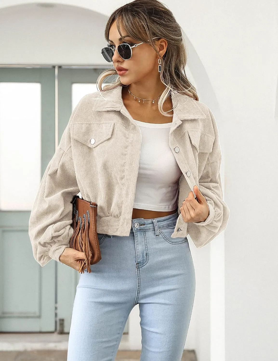 Qiaomai Womens Cropped Corduroy Jacket Loose Button Down Puff Sleeve Shacket Coat