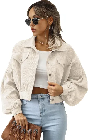 Qiaomai Womens Cropped Corduroy Jacket Loose Button Down Puff Sleeve Shacket Coat