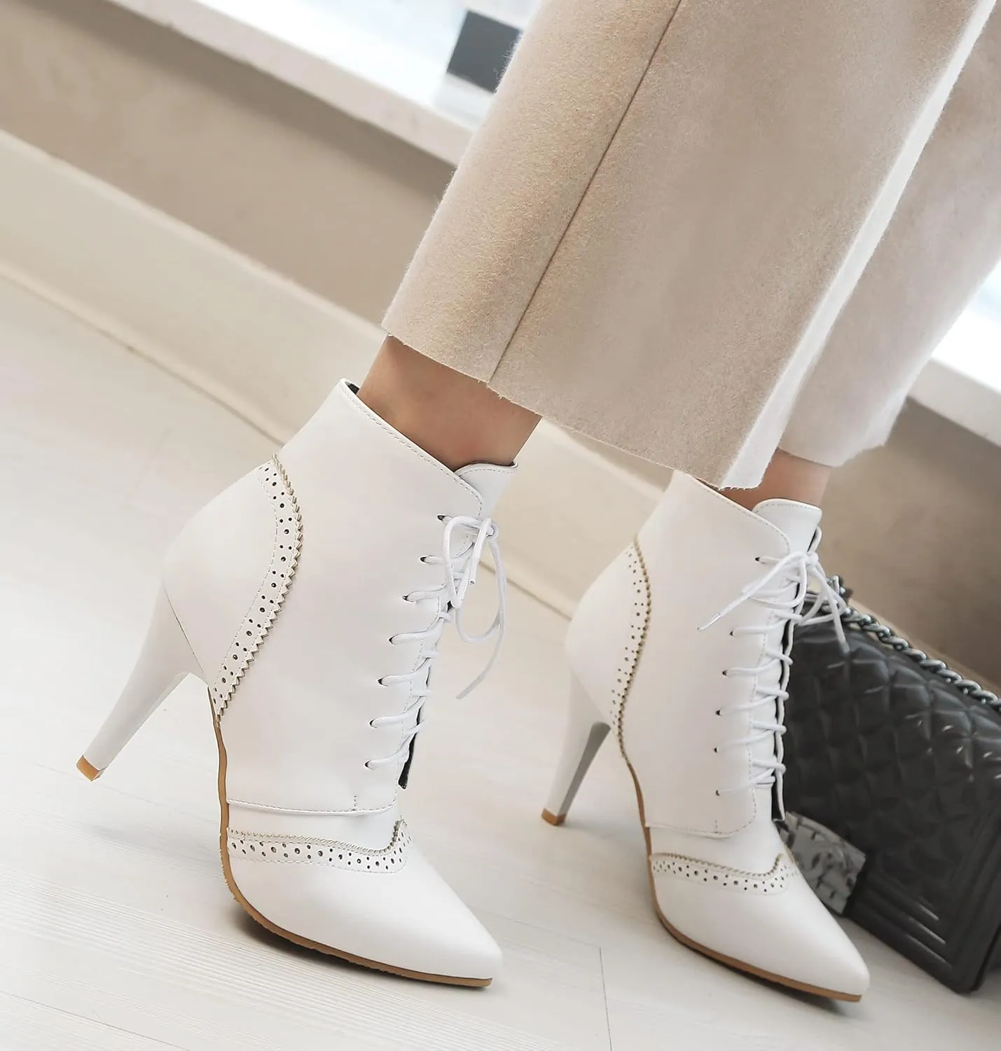 Quimeir Womens Stiletto Ankle Boots Pointed Toe Lace Up High Heel Booties
