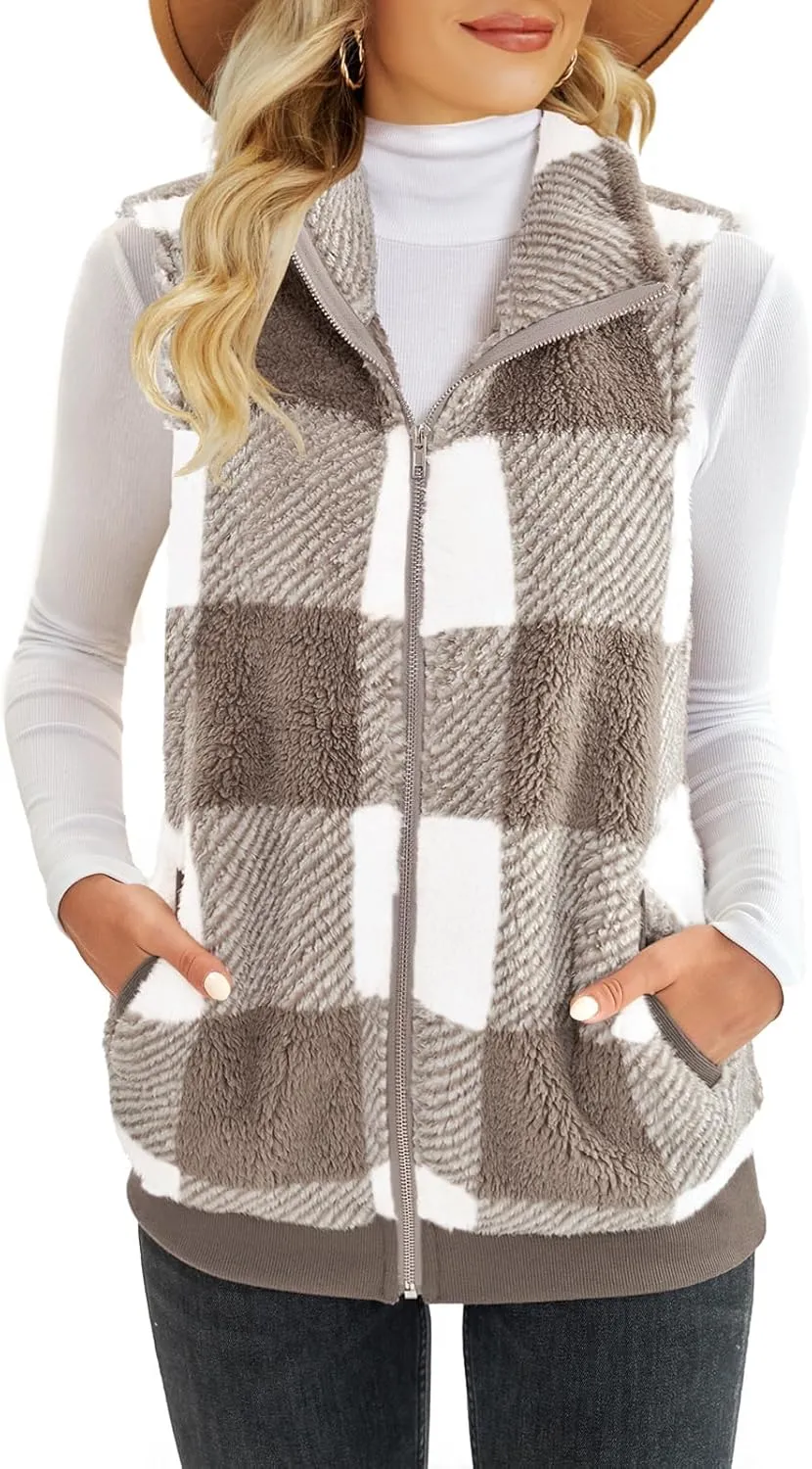 ReachMe Womens Fuzzy Fleece Vest Sleeveless Sherpa Jacket with Pockets Warm Fluffy Zip Up Outerwear Coats