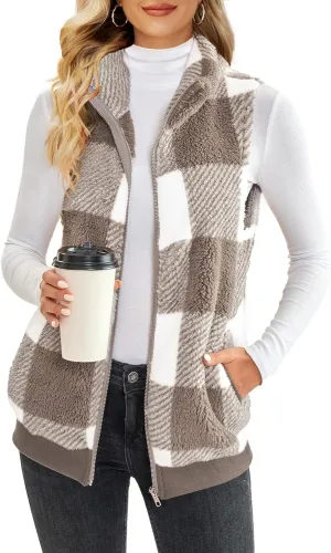 ReachMe Womens Fuzzy Fleece Vest Sleeveless Sherpa Jacket with Pockets Warm Fluffy Zip Up Outerwear Coats
