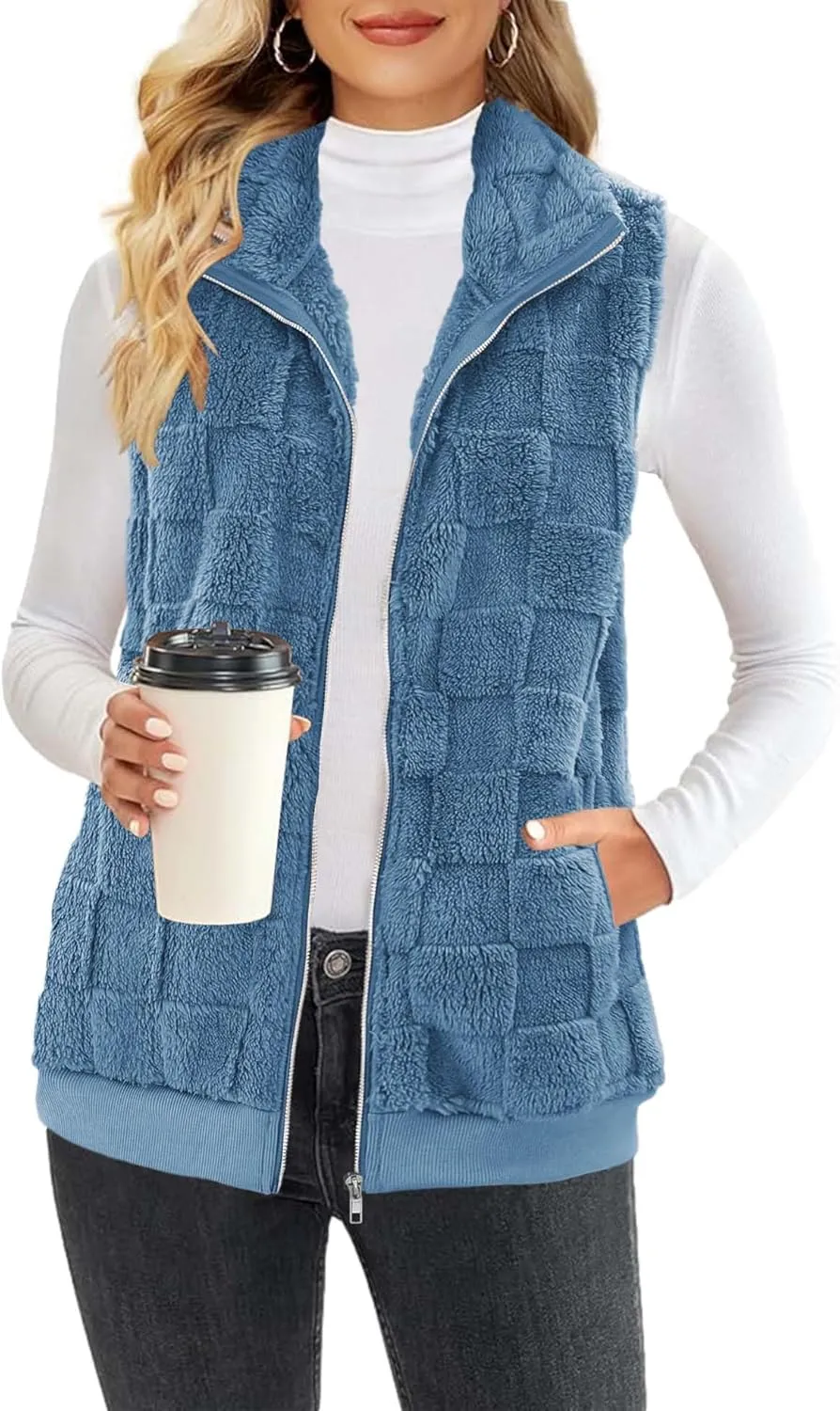 ReachMe Womens Fuzzy Fleece Vest Sleeveless Sherpa Jacket with Pockets Warm Fluffy Zip Up Outerwear Coats
