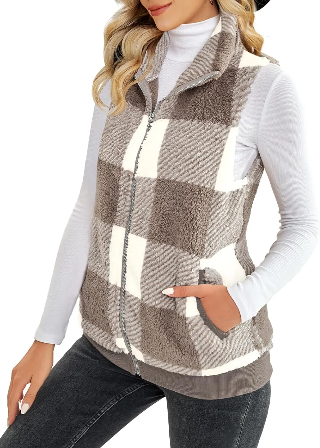 ReachMe Womens Fuzzy Fleece Vest Sleeveless Sherpa Jacket with Pockets Warm Fluffy Zip Up Outerwear Coats