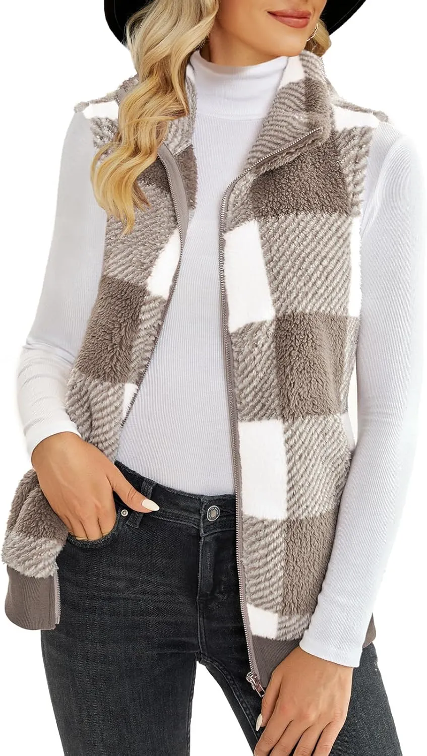 ReachMe Womens Fuzzy Fleece Vest Sleeveless Sherpa Jacket with Pockets Warm Fluffy Zip Up Outerwear Coats
