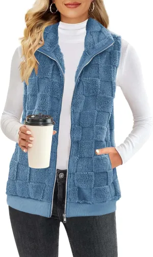 ReachMe Womens Fuzzy Fleece Vest Sleeveless Sherpa Jacket with Pockets Warm Fluffy Zip Up Outerwear Coats