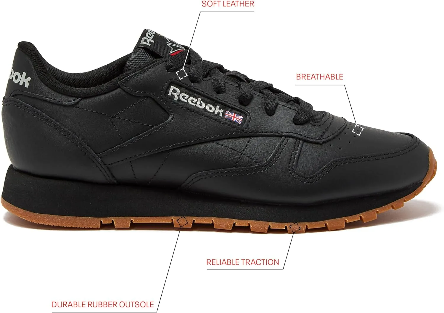 Reebok Classic Leather Sneakers for Women - Black or White Tennis Shoes Womens Size 5 to 12