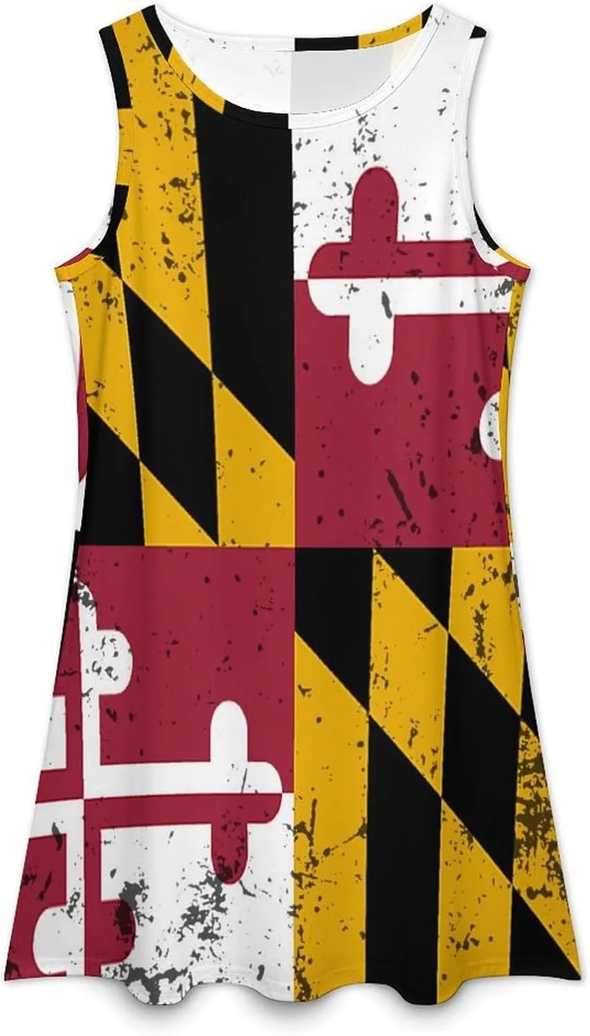 Retro Maryland State Flag Women's Summer Dress Sleeveless Casual Loose Beach Vacation Tank Sundress