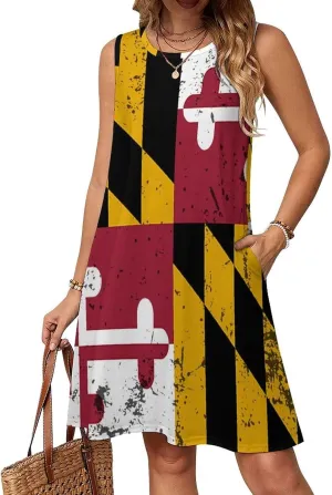 Retro Maryland State Flag Women's Summer Dress Sleeveless Casual Loose Beach Vacation Tank Sundress