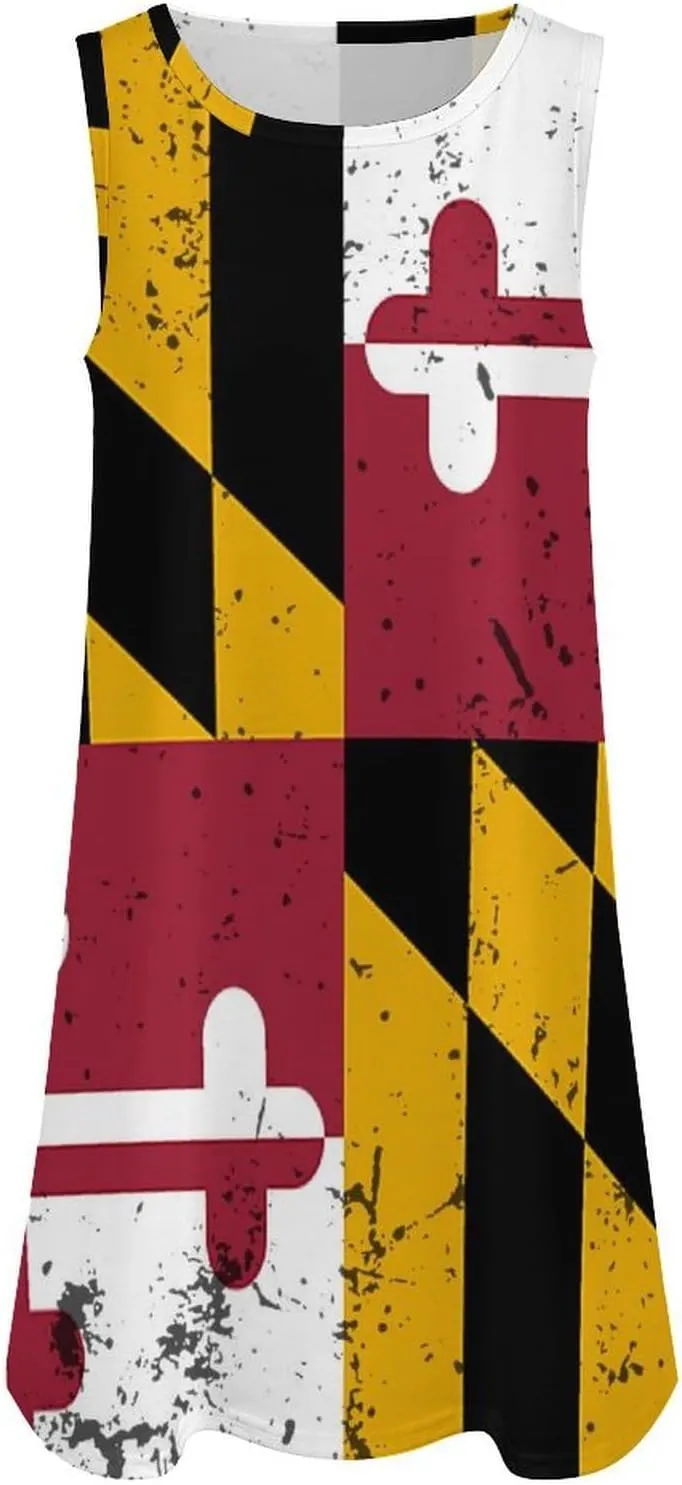 Retro Maryland State Flag Women's Summer Dress Sleeveless Casual Loose Beach Vacation Tank Sundress