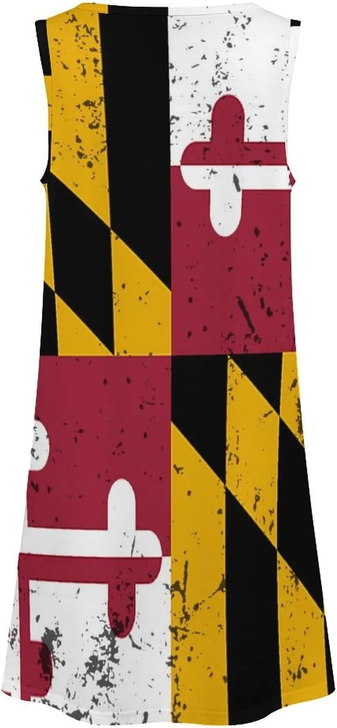Retro Maryland State Flag Women's Summer Dress Sleeveless Casual Loose Beach Vacation Tank Sundress