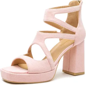 risdoada Platform Heels 3.54 Inches Chunky Block Heeled Sandals for Women Comfortable Suede Open Toe Hollow Out High Heels Pumps