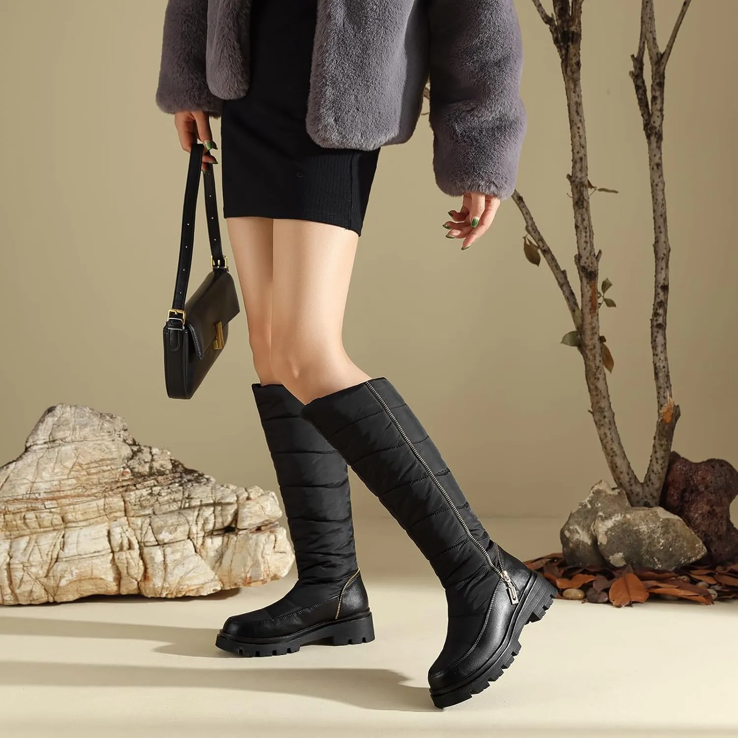 Roimaash Women's Snow Boots Knee High Mid Heel Warm Winter Boots