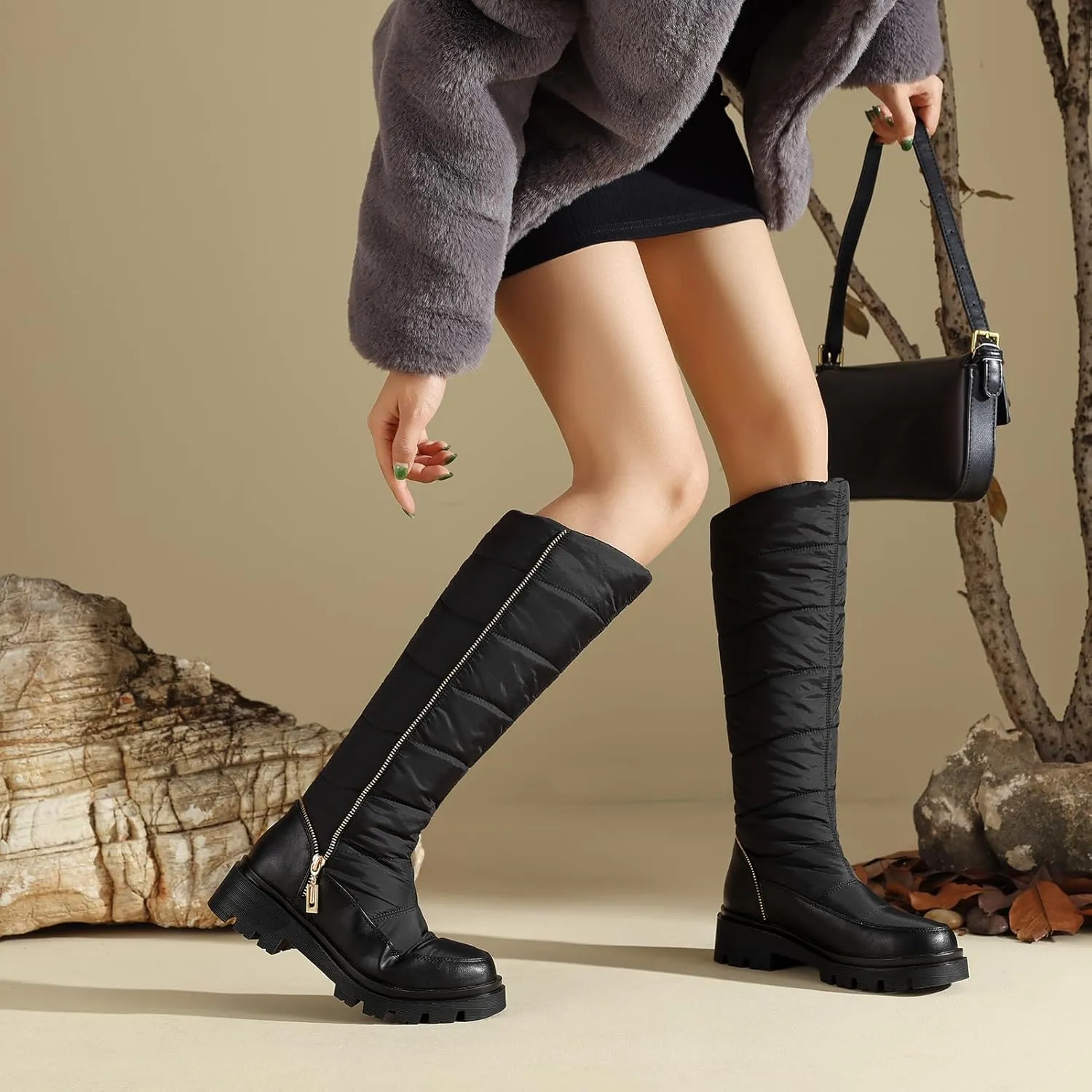 Roimaash Women's Snow Boots Knee High Mid Heel Warm Winter Boots