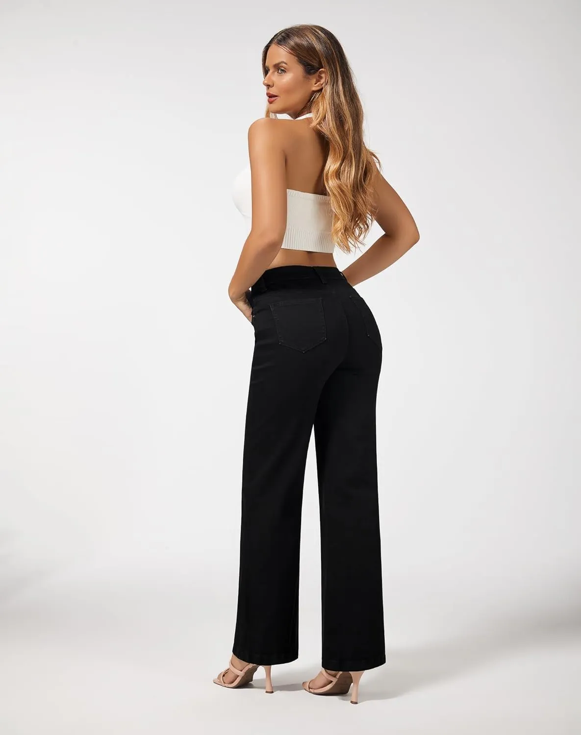 roswear Women's Wide Leg Jeans High Waisted Stretchy Denim Trouser Pants