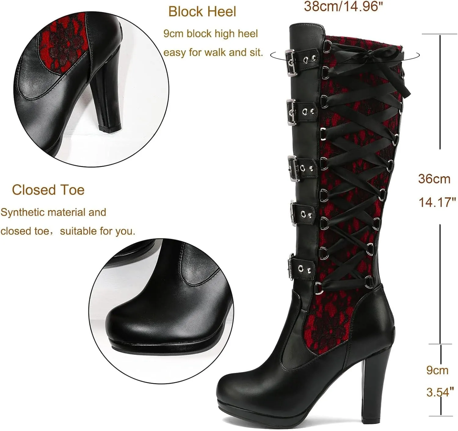 SACFOF Women Lace Goth Knee High Boots Vintage Buckle Block Heel Lace Up Knee Steampunk Boots Punk Platform Gothic Boots