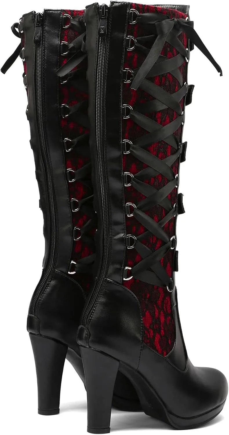 SACFOF Women Lace Goth Knee High Boots Vintage Buckle Block Heel Lace Up Knee Steampunk Boots Punk Platform Gothic Boots