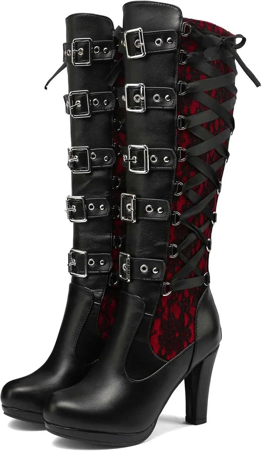 SACFOF Women Lace Goth Knee High Boots Vintage Buckle Block Heel Lace Up Knee Steampunk Boots Punk Platform Gothic Boots