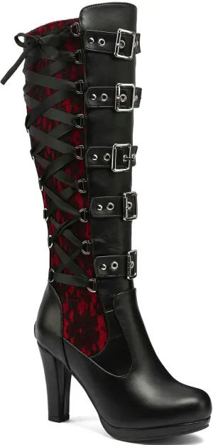SACFOF Women Lace Goth Knee High Boots Vintage Buckle Block Heel Lace Up Knee Steampunk Boots Punk Platform Gothic Boots