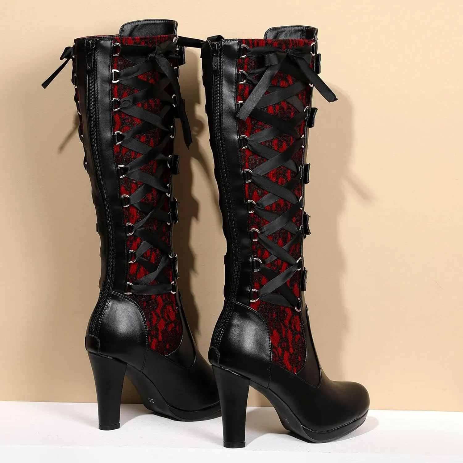 SACFOF Women Lace Goth Knee High Boots Vintage Buckle Block Heel Lace Up Knee Steampunk Boots Punk Platform Gothic Boots