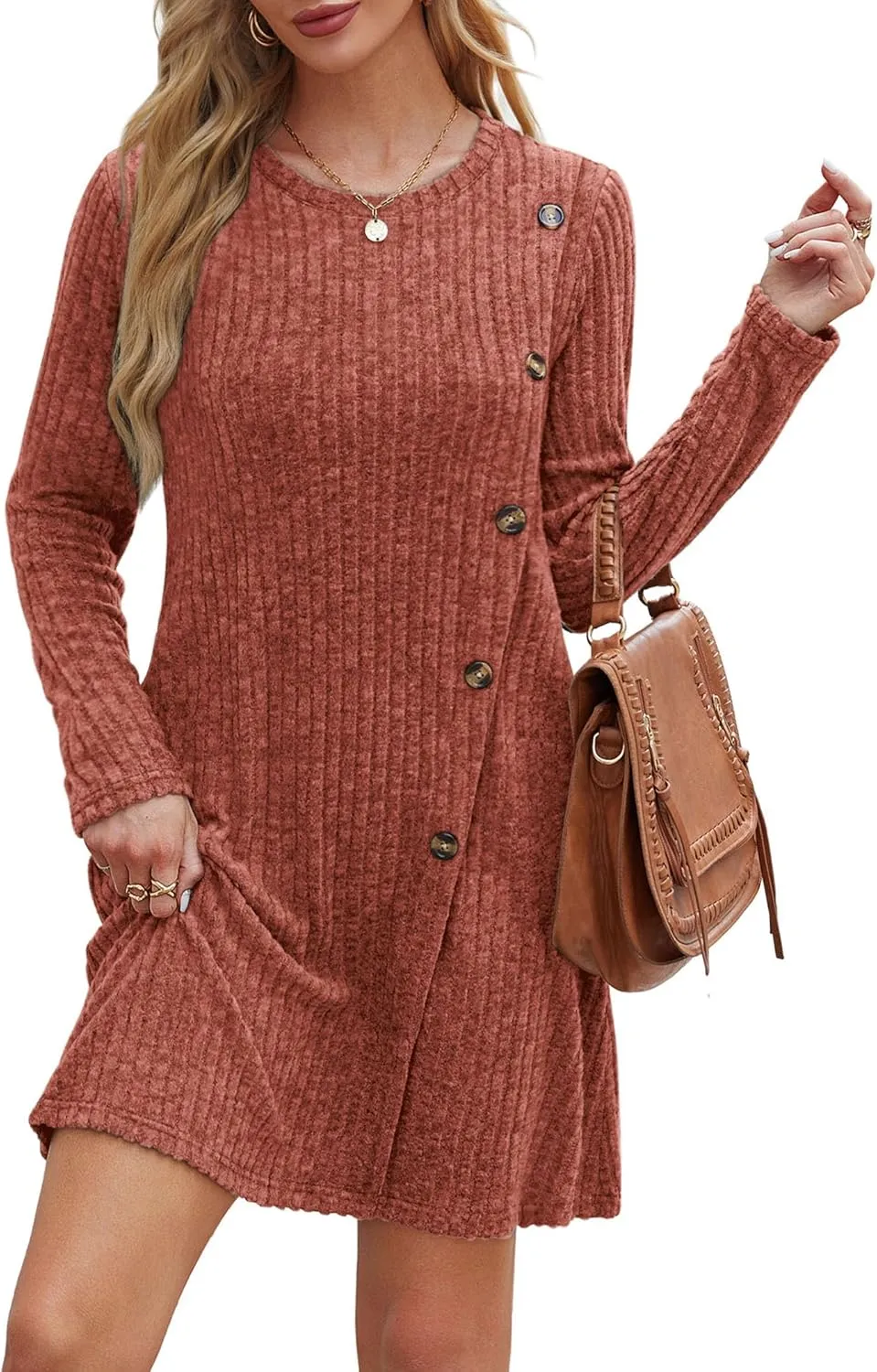 Saloogoe Long Sleeve Dress for Women Tunic Sweater Dresses with Pockets Fashion 2024 Buttons Side