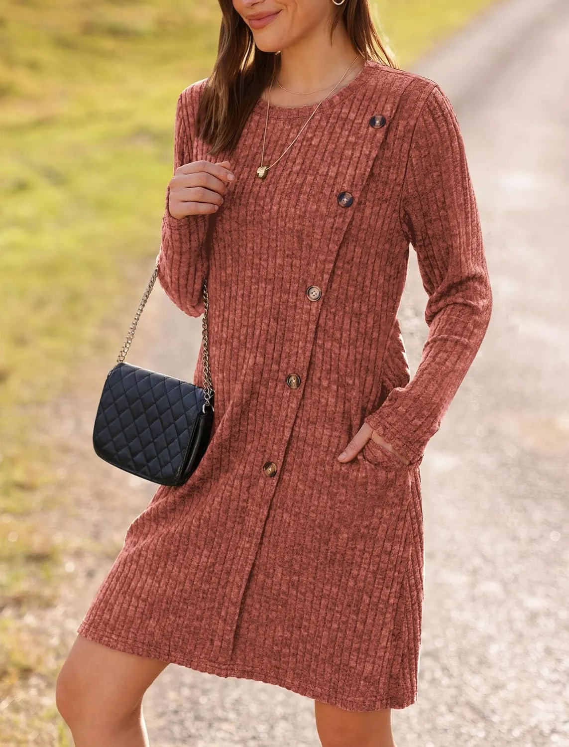 Saloogoe Long Sleeve Dress for Women Tunic Sweater Dresses with Pockets Fashion 2024 Buttons Side