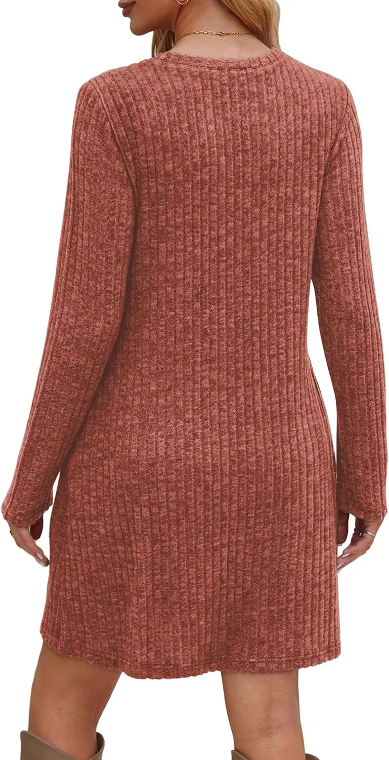 Saloogoe Long Sleeve Dress for Women Tunic Sweater Dresses with Pockets Fashion 2024 Buttons Side