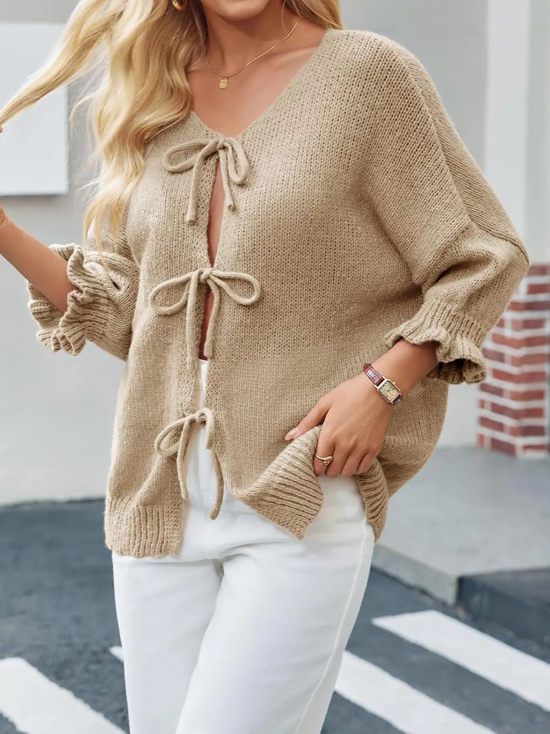 Saodimallsu Womens Tie Front Bow Cardigan Sweaters Lightweight Knit Ruffle Half Sleeve 2025 Trendy Jacket